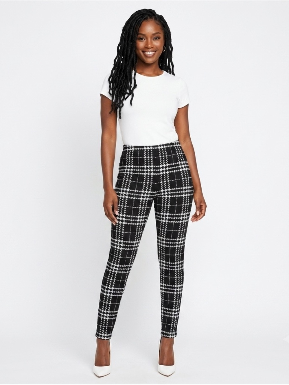 SHEIN Black White Plaid Skinny Pants High Waist Leggings L